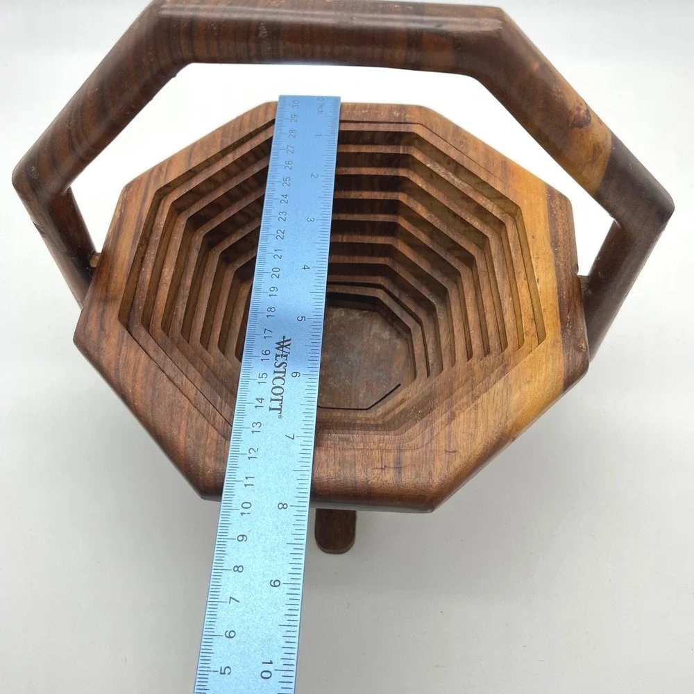 Vintage Wooden Accordion Fruit Basket Hexagonal‎ Foldable Serving Tray Handle